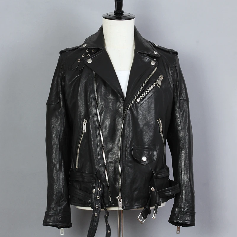 Натуральная модная кожаная мужская Черная байкерская куртка из овчины с