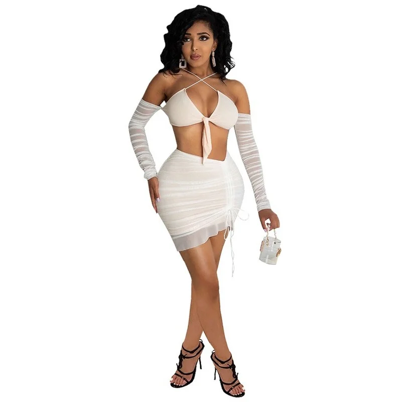 

Mesh Two Piece Set Women Skirt Full Sleeve Strapless Cross Bandage Top + Ruffles Mini Skirt Female 2021 Summer Night Club Outfit