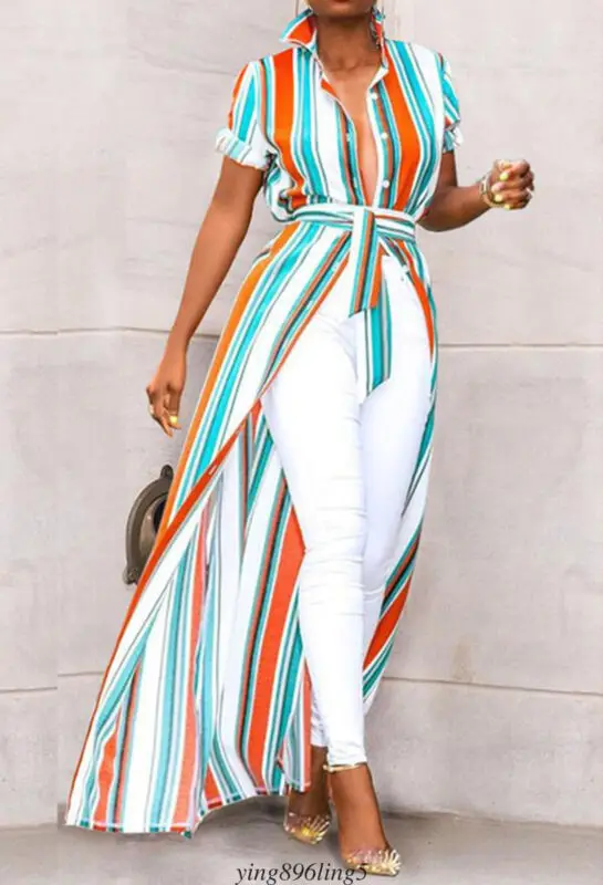 Женская Длинная блузка в полоску с коротким рукавом разрезом поясом открытой