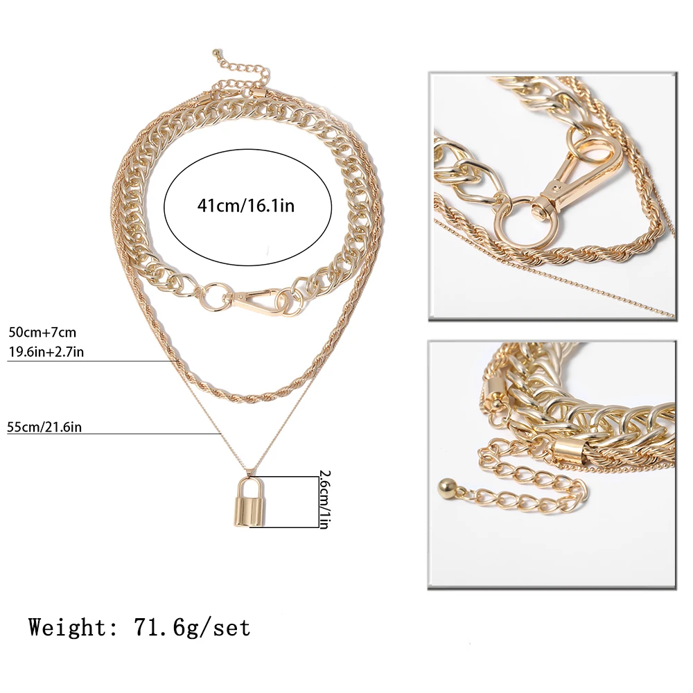 

IngeSight.Z Multi Layer Punk Miami Curb Cuban Chunky Thick Choker Necklace Vintage Lock Pendant Necklaces for Women Men Jewelry