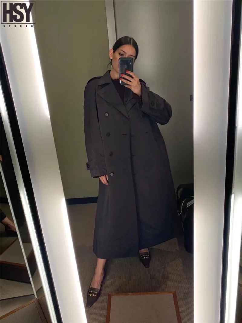 【HSY】 Осень Зима Новая женская ветровка верхняя одежда с эффектом памяти атласная ткань пояс Талия Тонкий нагрудный двубортный длинный плащ