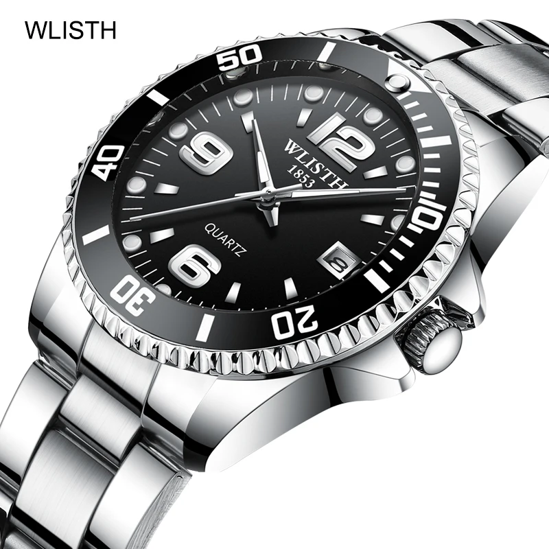 

New WLISTH Men Watches stainless steel Strap Sport Waterproof Quartz Wrist Watch For Mens Fashion Rotating Bezel Date Watch