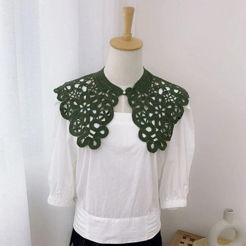 

Korean Women Hollow Floral Lace Fake Collar Detachable Buttons Lapel Half Shirt Dress Decorative Accessory Summer Thin Scarf