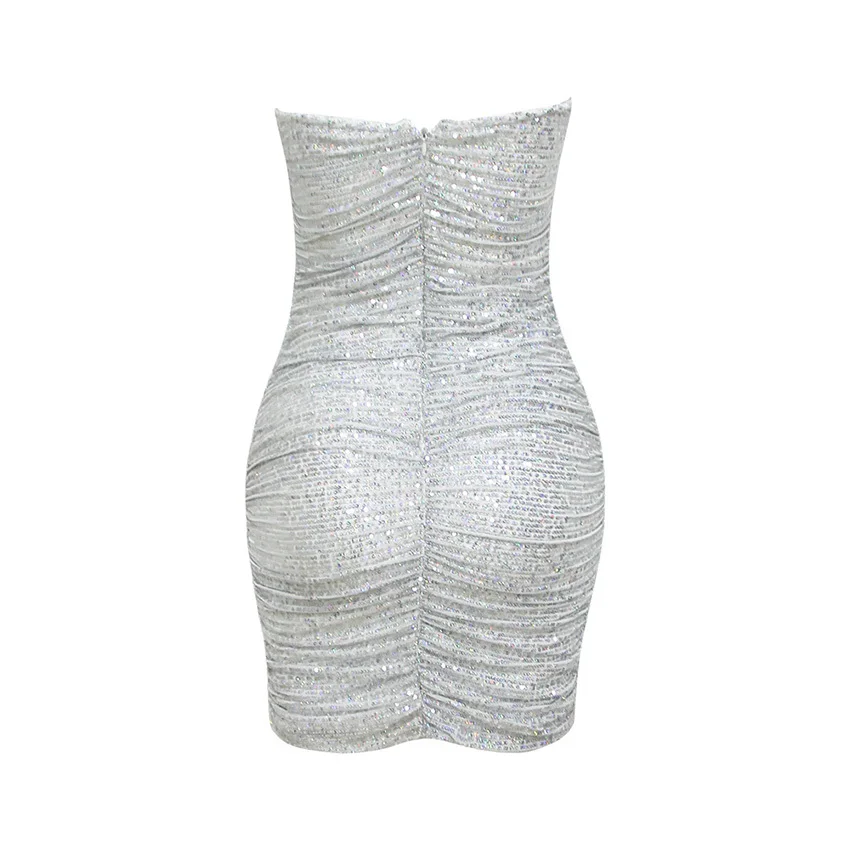 

Bevenccel High Quality Women Mini Dress 2020 New Chic Front Ruffle Sequins Bodycon Strapless Celebrity Evening Party Dress