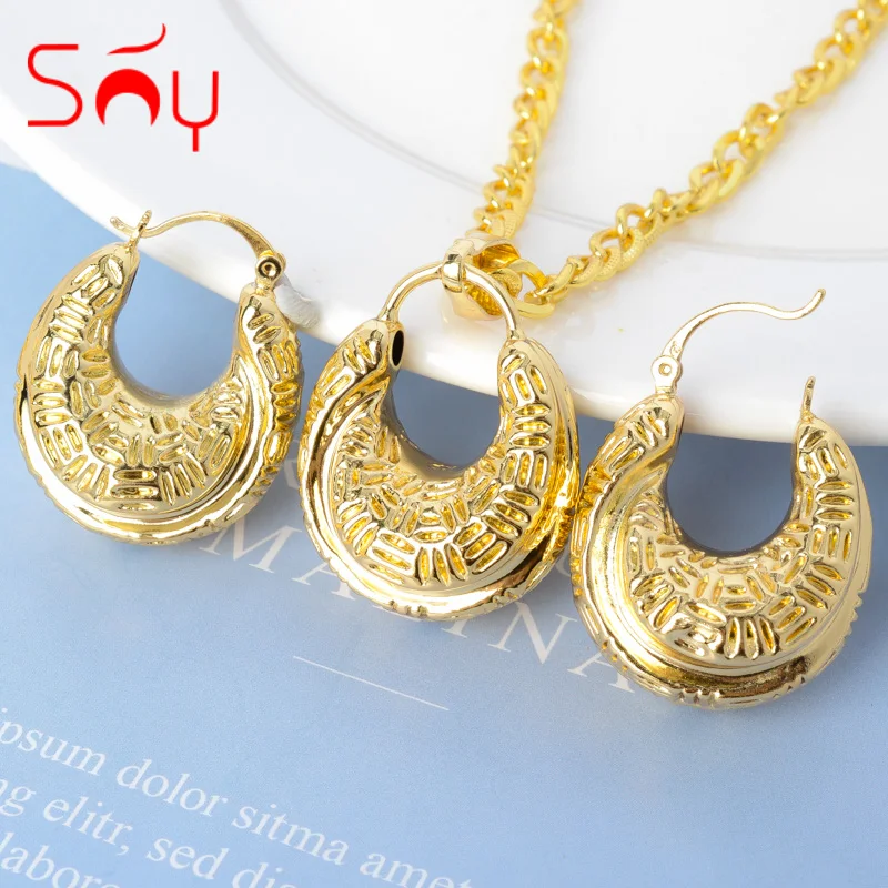 

Sunny Jewelry Sets Copper Hollow Hoop Earrings Pendent Necklace Gold Planted For Women Girl For Wedding Party Anniversary Gift