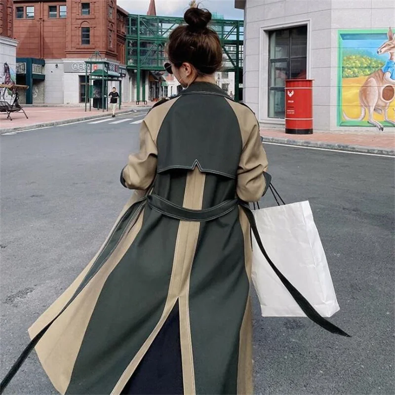 Women's trench coats designer contrast color windbreaker belt lapel mid-length clothes пальто женское осень ветровка женская