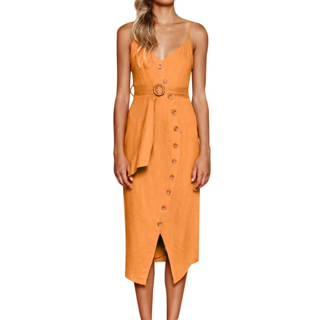 Мода весна 2020 женское платье на бретелях одноцветное с v-образным вырезом