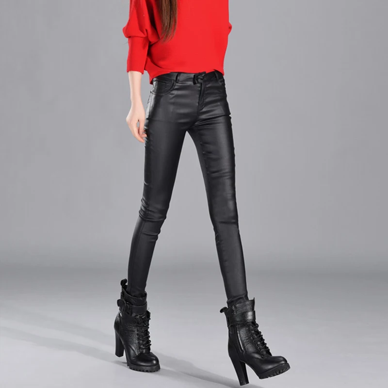 Женские узкие брюки из искусственной кожи с высокой талией осенние черные