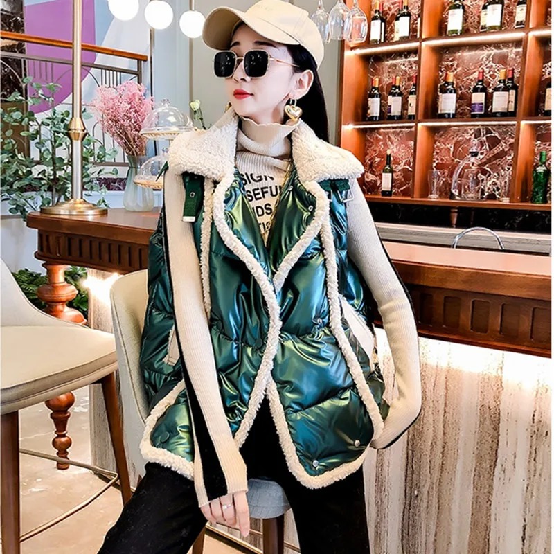 

Short Sleeveless Glossy Cotton Jacket Women's High Street Clothing Korean Fashion Lapel Warm Vest Loose Casual Female Waistcoat
