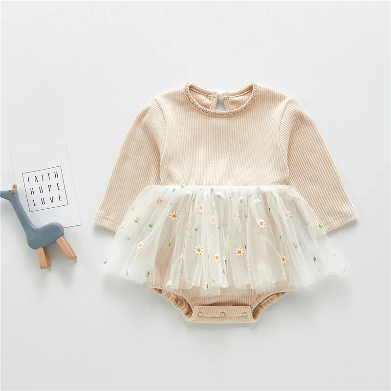 Детский комбинезон с цветочной вышивкой круглым вырезом и длинным рукавом|Боди