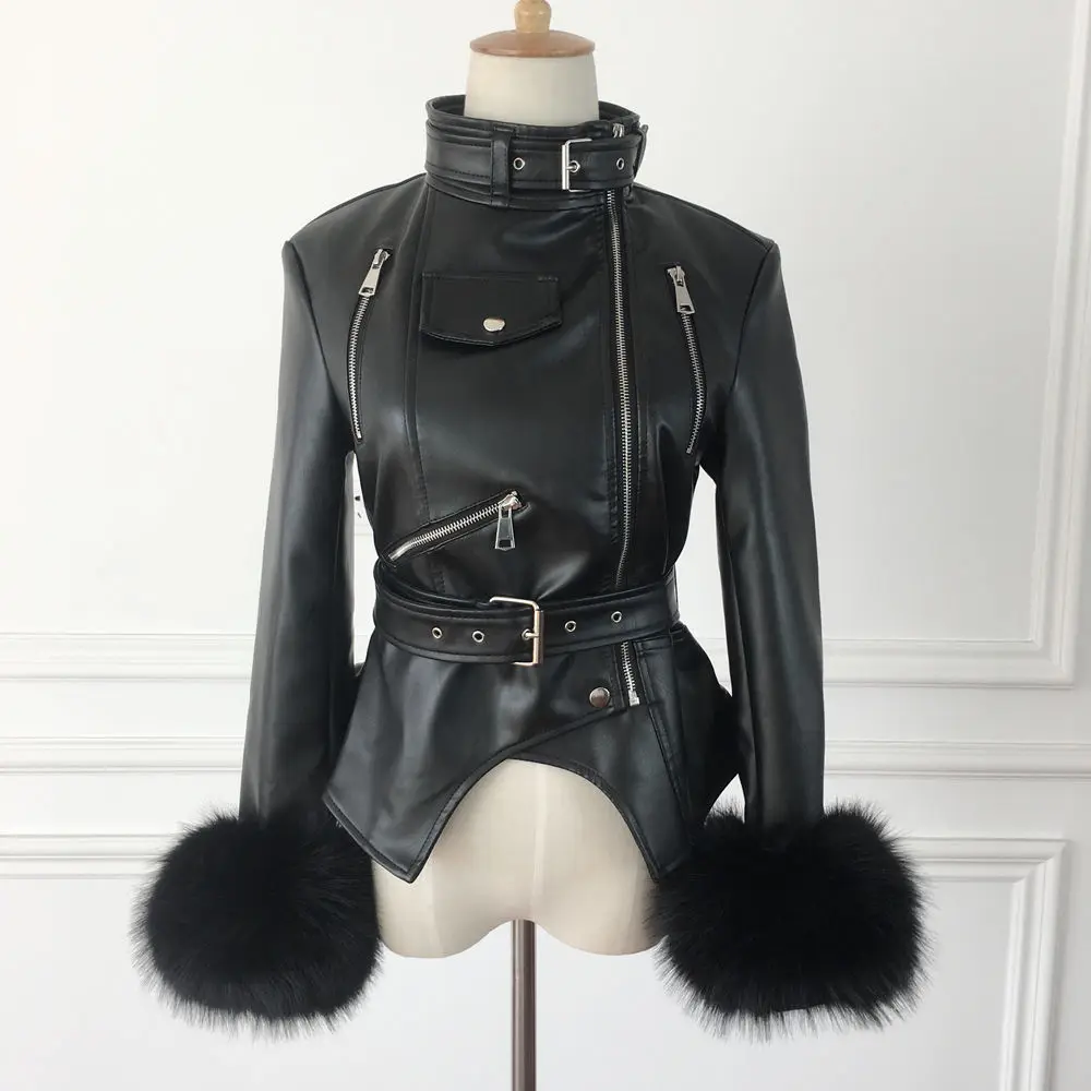 

PU leather Jacket Women Winter Black Padded Warm Punk Outerwear Fashion Motorcycle Female Coat Fur Sleeves Windbreaker