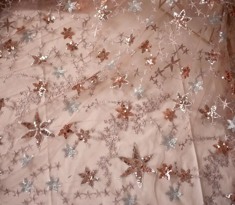 Кружевная ткань с блестками и пятиконечной звездой вышивкой сетчатая из пряжи