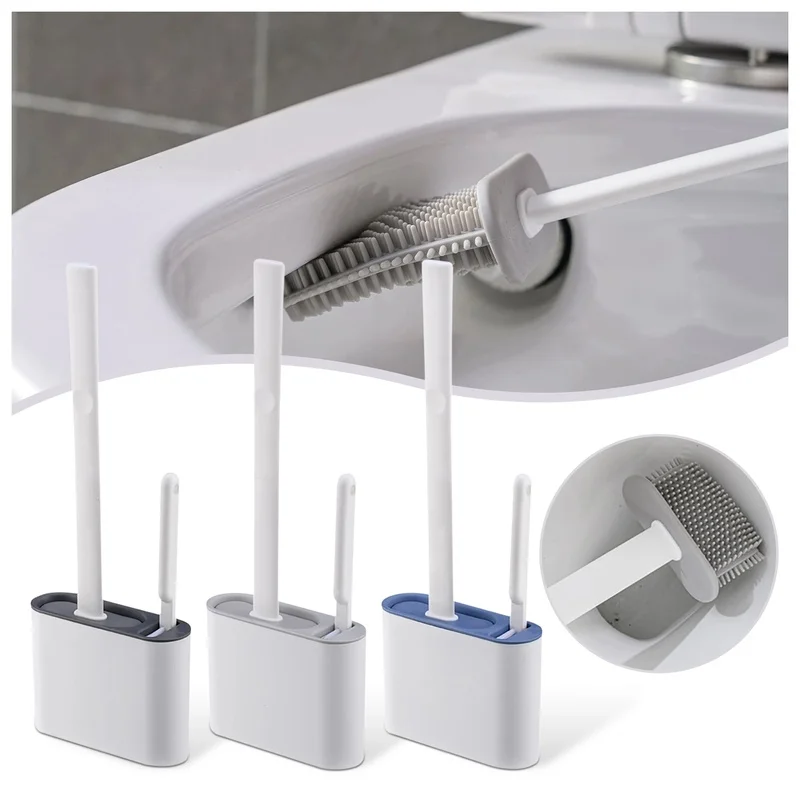 

The New Hanging TPR Silicone Toilet Brush Silicone Wc Flat Head Flexible Soft Bristles Brush with Quick Drying Holder Set