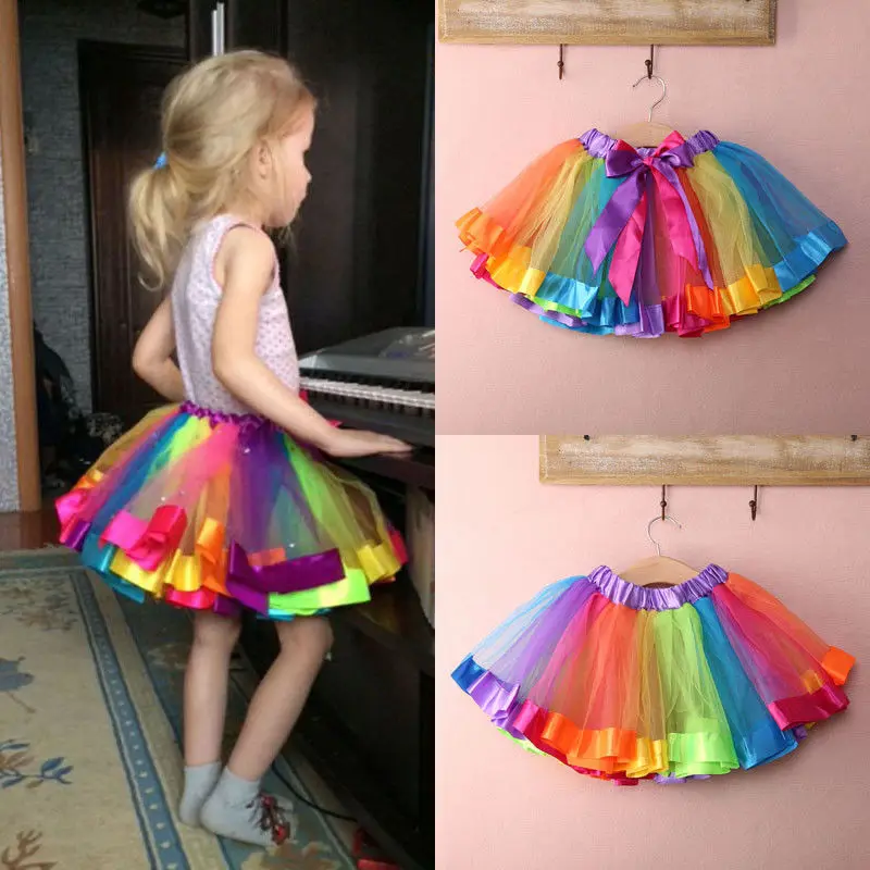 

rainbow Kids Baby Handmade Colorful girls Tutu Skirt bow high waist Tulle Tutu Mini skirt 0-8Y
