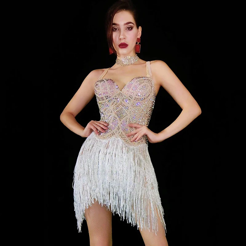 

Flashing Multi-Color Rhinestones Pearl Fringe Dress Women'S Birthday Party Outfit Bar Women Singer Dancer Dress Rave Wear DT1918