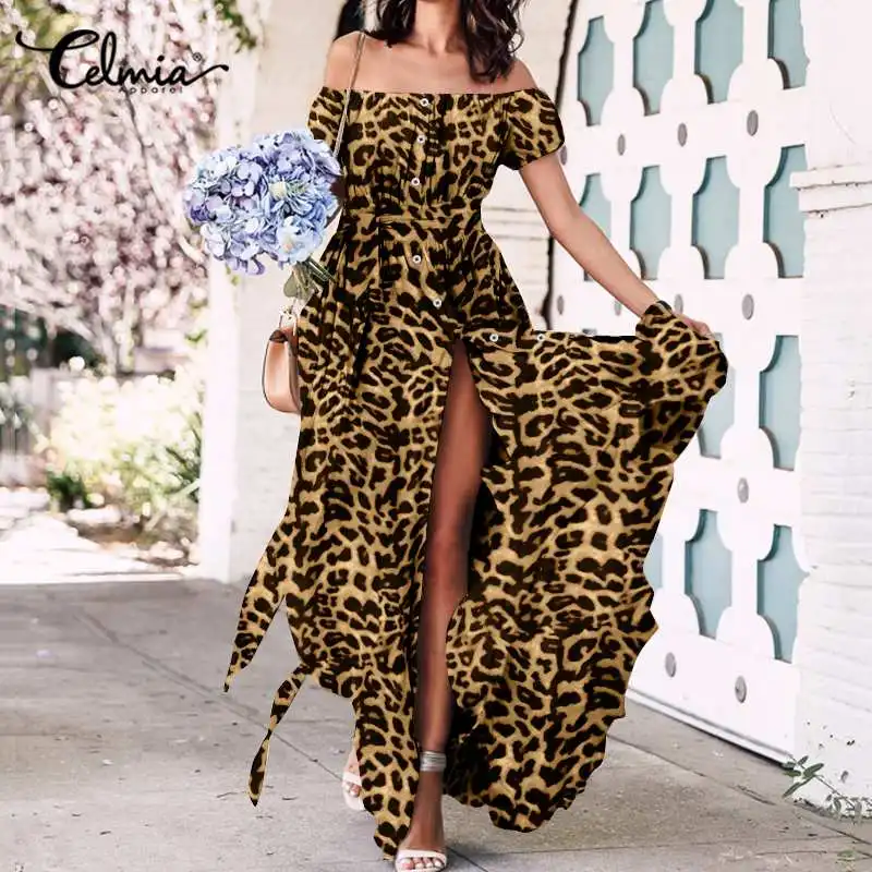 

Women Maxi Sundress Celmia 2023 Summer Sexy Off Shoulder Leopard Print Ruffles Long Dress Casual Buttons Split Beach Robe 7