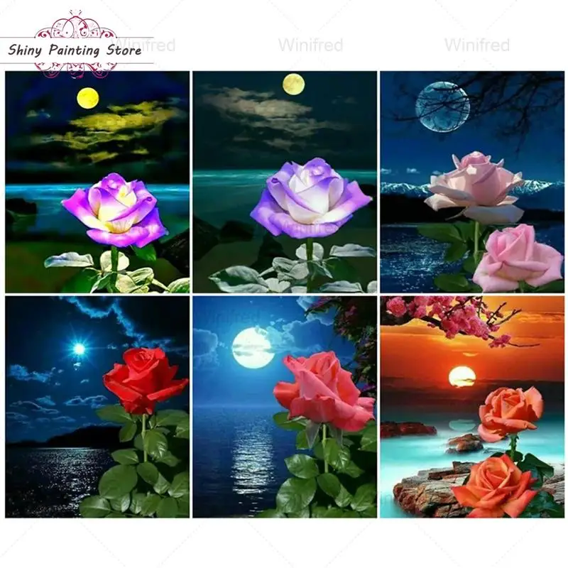 

DIY 5D Diamond Painting Red Pink Purple Rose Flower Moon Lake Night Scenery Diamond Embroidery Landscape Home Decoration Gift