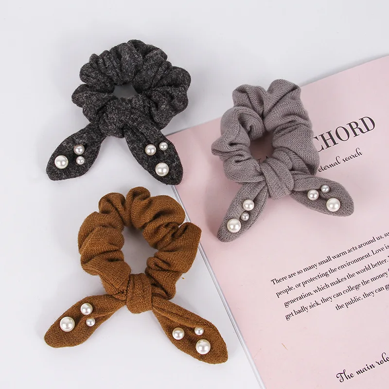 Резинка для волос с жемчугом женская модная однотонная шерстяная эластичная