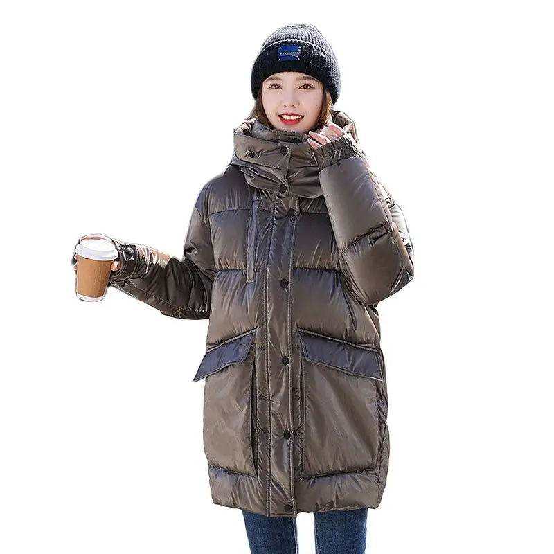 Parka Winter Women's 2021 New Korean Glossy Letter Printed Black Puffer Jacket Thick Warm Women Hooded Loose Long Quilted Coat