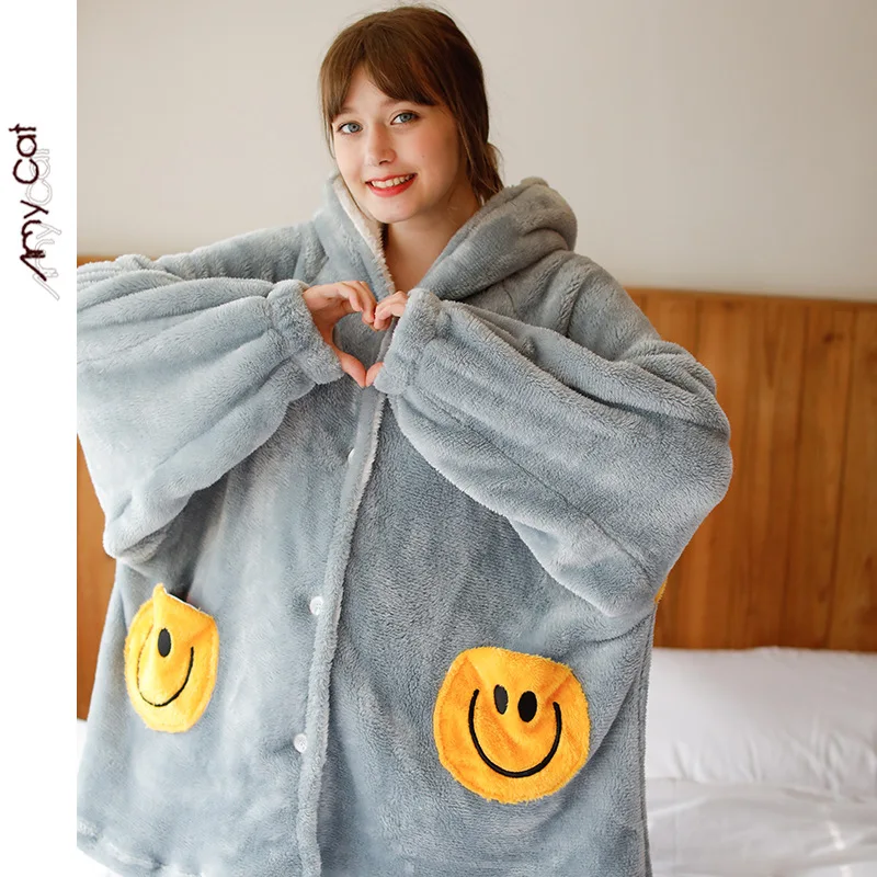 Smiley face Для женщин на зиму, теплые, фланелевые банный халат; банный застежка-молния для ванны с капюшоном серый толстый Длинные штаны Для женщин s ночной халат, одежда для сна - Цвет: Smiley face