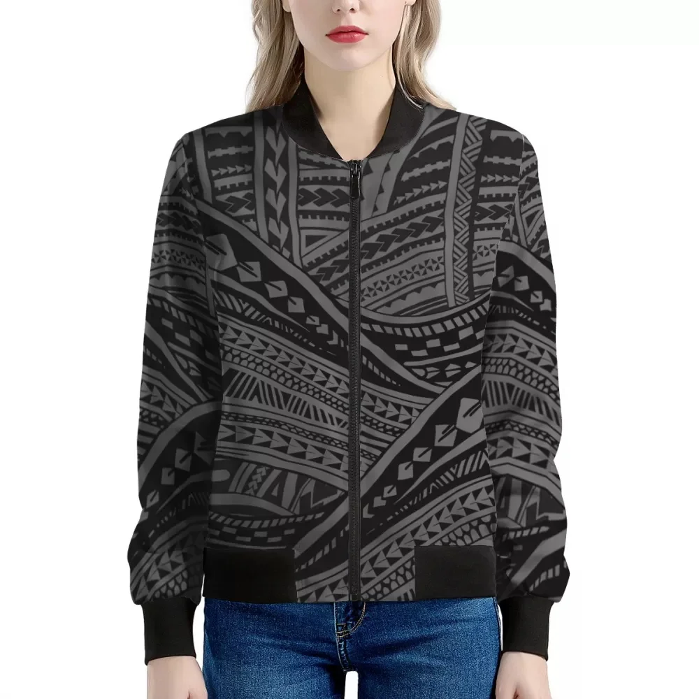 

Casual Hawaii Tribal Bomber Jacket Women Round Collar Polynesian Tribal Baseball Jackets Korean Style Streetwear Loose Coats