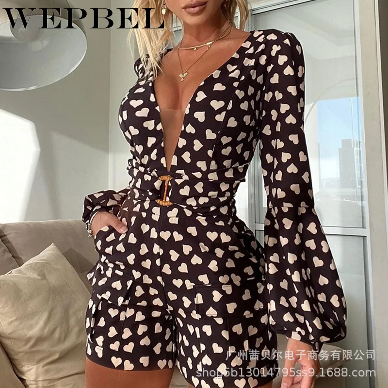 

WEPBEL Women Spring Autumn Elegant Long Lantern Sleeve Heart Print Short Playsuit with Belt Ladies Deep V Neck Jumpsuit Romper