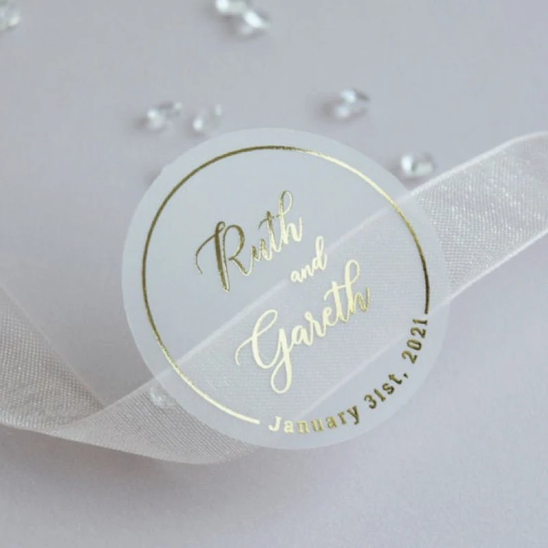 Real Foil Shiny Gold Custom Personalized Wedding Stickers, Favors Boxes, Cupcake Labels, 100 Pcs