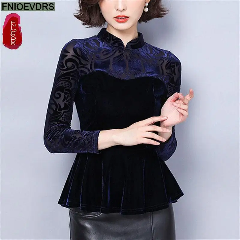 

Блузка Женская Базовая, модная облегающая ретро-блузка с сетчатым кружевом, фиолетовый черный бархатный топ, в винтажном стиле