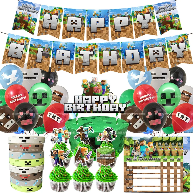 

74pcs Pixel World Theme Decoration Birthday Party Supplies Banner+Latex Printing Balloon+Cake Toppers+Bracelet+Invitation Card