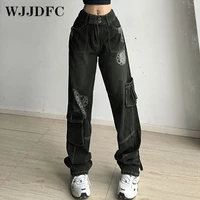 wjjdfc ladies hot selling jeans street trend new old style washed dark retro printed pocket high waist loose wide leg pants 2022