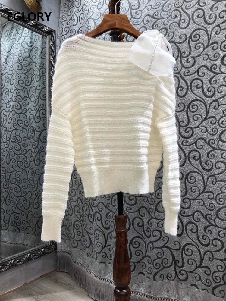 

Knitted Pullovers 2021 Spring Autumn Korean Style Sweaters Women Beading Bow Deco Long Sleeve Casual Soft Knitwear Ladies Tops