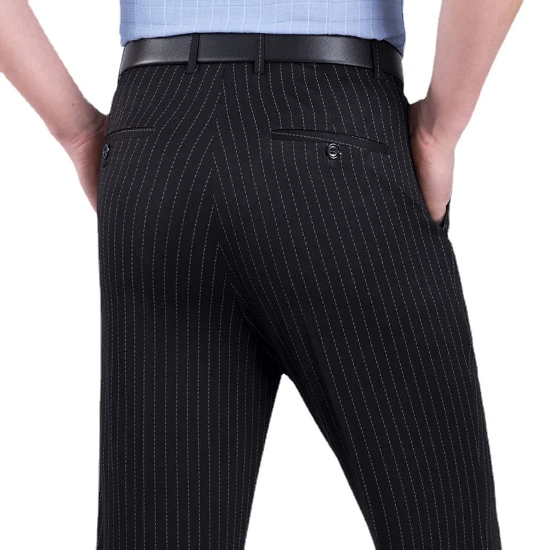 

Summer Dress Trousers for Man Mulberry Silk Business Formal Flat High Waist Loose Suit Pants Office Striped Mens pants Thin
