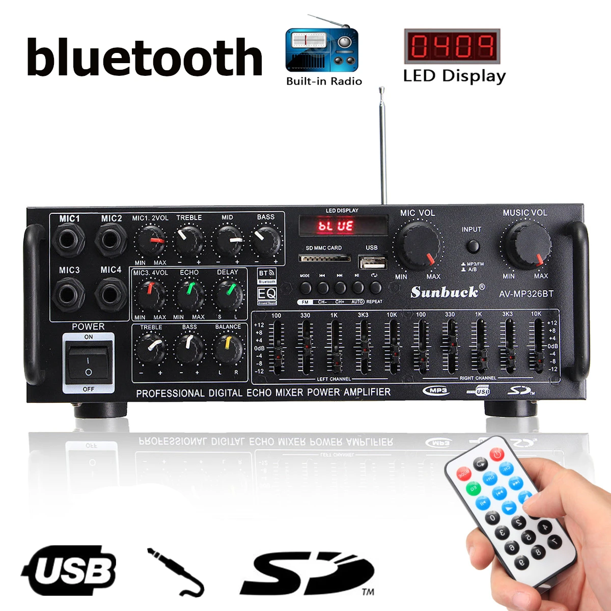 Bluetooth 2,0 канальный 2000 Вт аудио усилитель мощности HiFi 326BT 12 В/220 В AV усилитель динамик с пультом дистанционного управления для автомобиля дома