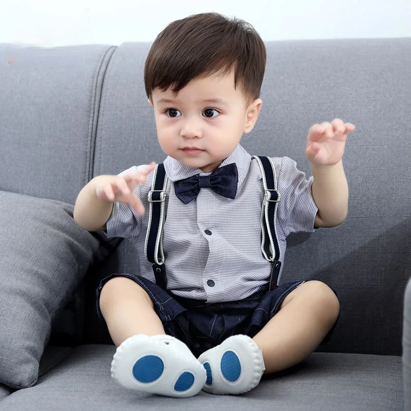 

Baby Boys Romper Summer Short Sleeves Summer Plaid Gentleman Bow Tie Jumpsuit One-piece Suspender Outfit Infant Tollder Costume