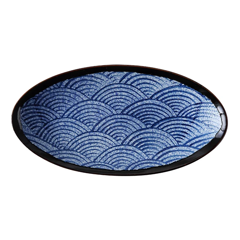 RHE Japanese oval ceramic plate Blue wave pattern Western steak bread cake tray Restaurant kitchen Snack Dried Fruit Tray | Дом и сад