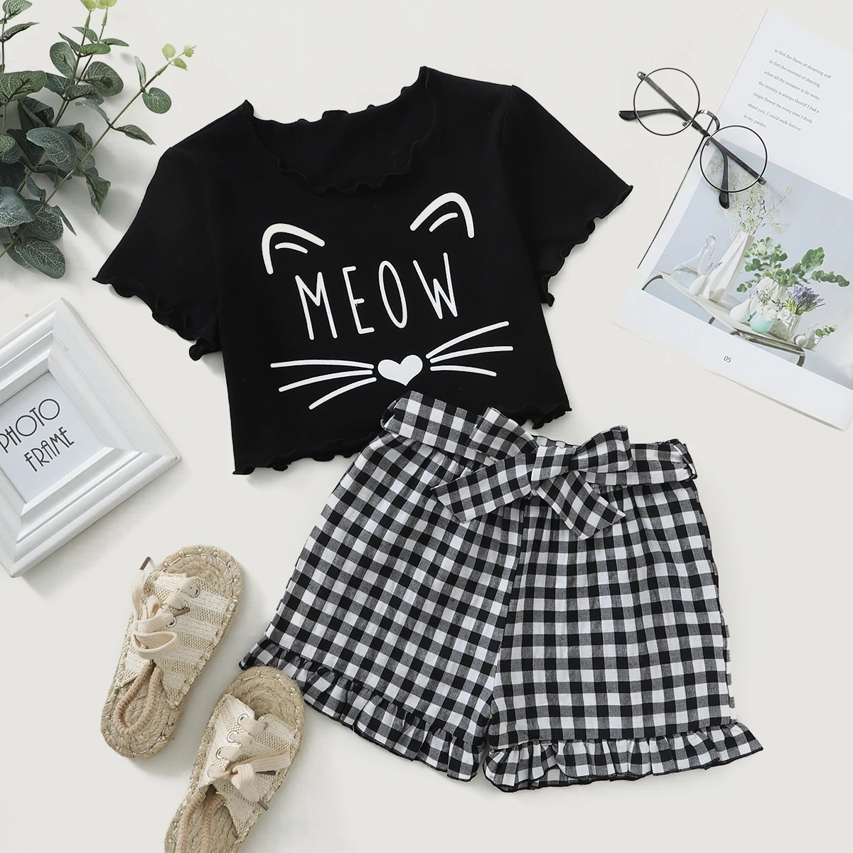 

Micol Emilly 100% Cotton Baby Girl Clothing Set Cute Cat Tops Checkered Pants with Bow for 3-8Y Kids Clothes