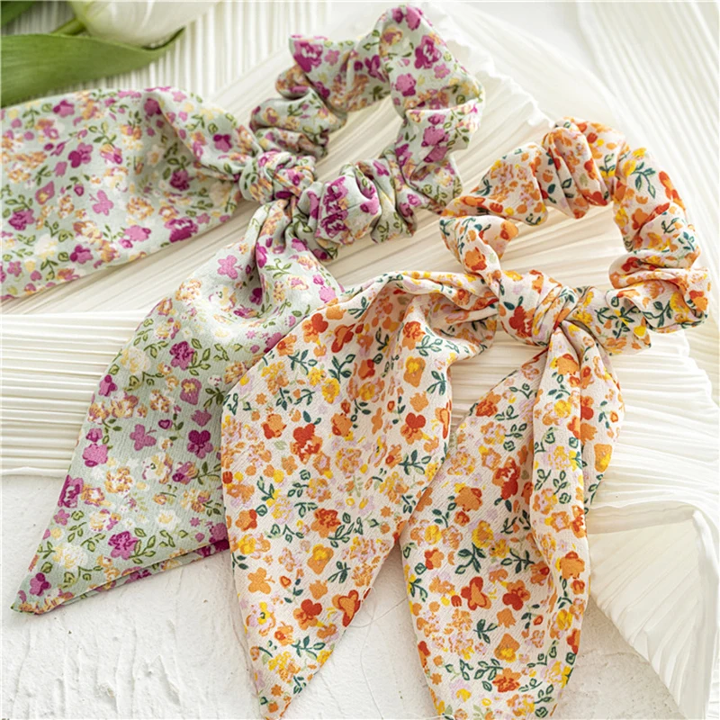 

New Floral Print Scrunchies Hair Scarf Bohemia Women Ribbon Hairbands Streamers Bow Hair Rope Ties Ponytail Hair Accessories