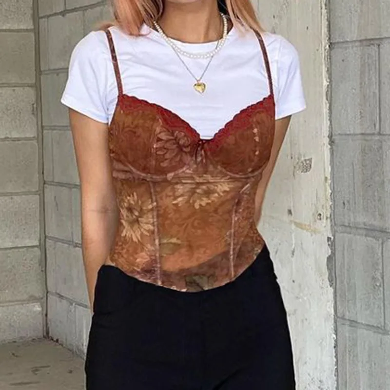 

Sexy Lace Patchwork Floral Print Brown Mesh Cropped Tank Top Spaghetti Strap Camisole Missnight
