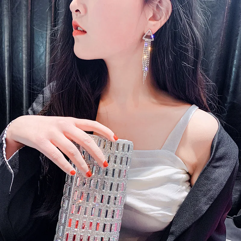 

earrings for women oorbellen hangers statement chain pendientes largos triangletassel trendy geometric Euro-American crystal