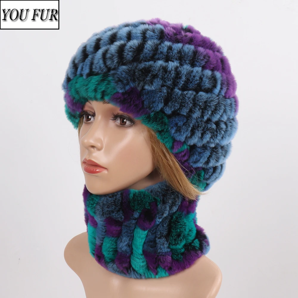 

New Women Real Rex Rabbit Fur Hat Scarf Sets Natural Warm Rex Rabbit Fur Scarves Hat Winter Lady Real Rex Rabbit Fur Hat Scarf
