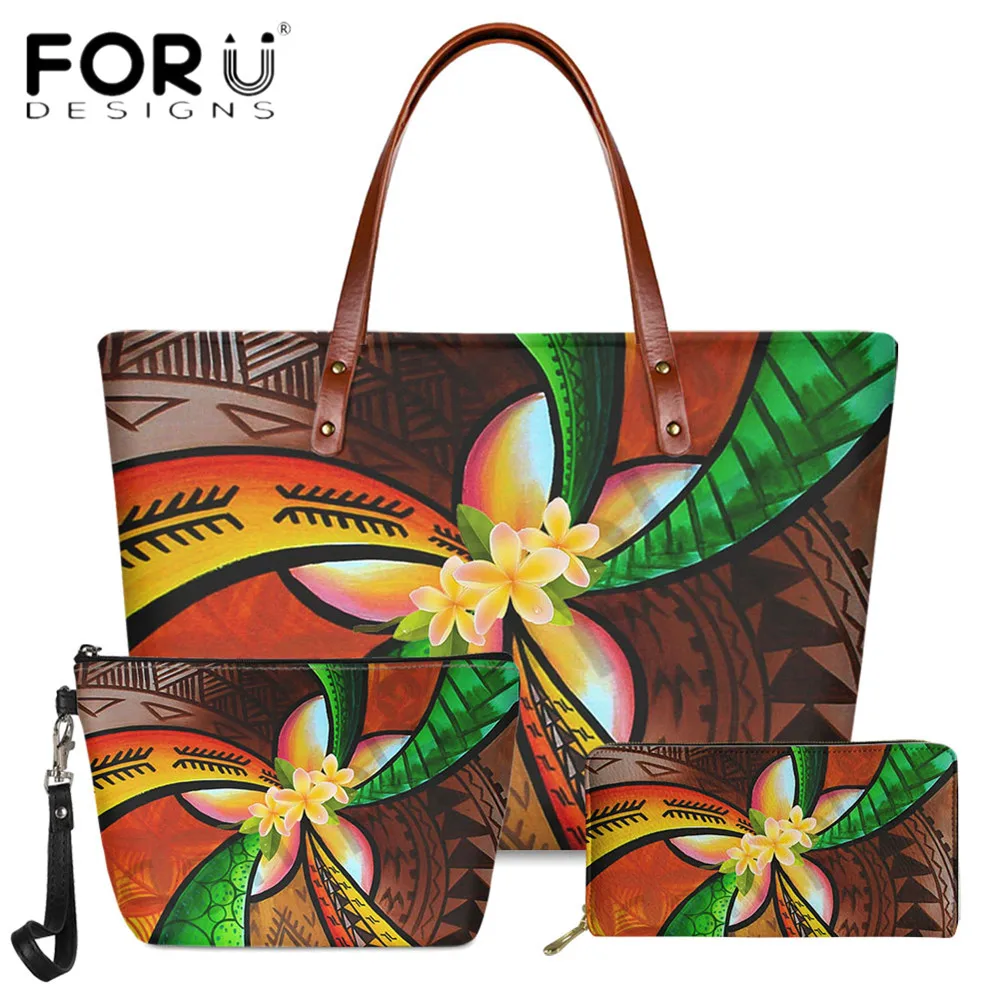 

FORUDESIGNS New Fashion Women Handbag Set Hawaiian Polynesian Plumeria Printing Female Long Leather Purse Vintage Bolsa Mujer