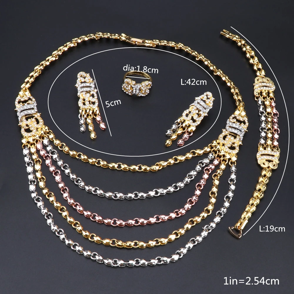 Charm Dubai Gold Color Crystal Jewelry Sets For Women Multi-layer Necklace Earrings Bangle Rings Party Dress Accessories | Украшения и