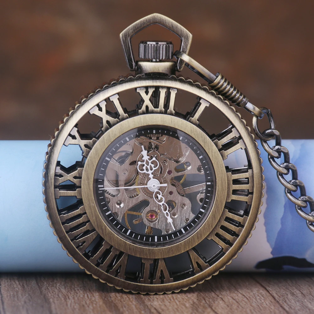 

New Unique Hand Winding Mechanical Pocket Watch Chain Fashion Bronze Skeleton Carving Men Watches Christmas Gift