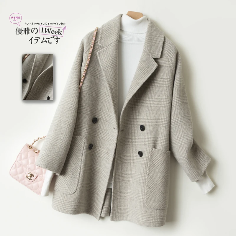 

100% Wool coat new 2020 double-sided cashmere coat female brief paragraph woolen cloth loose grid Hepburn coat solid overcoat