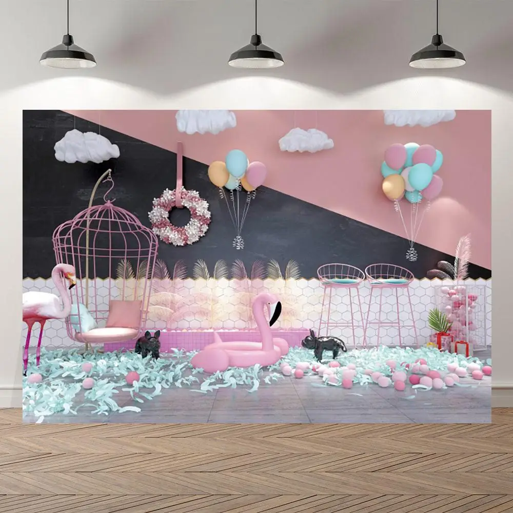 

Newborn Photography Backdrops Flamingo Balloons Cake Smash Baby Shower Photo Backgrounds For Home Studio Decor Wall Poster Vinyl