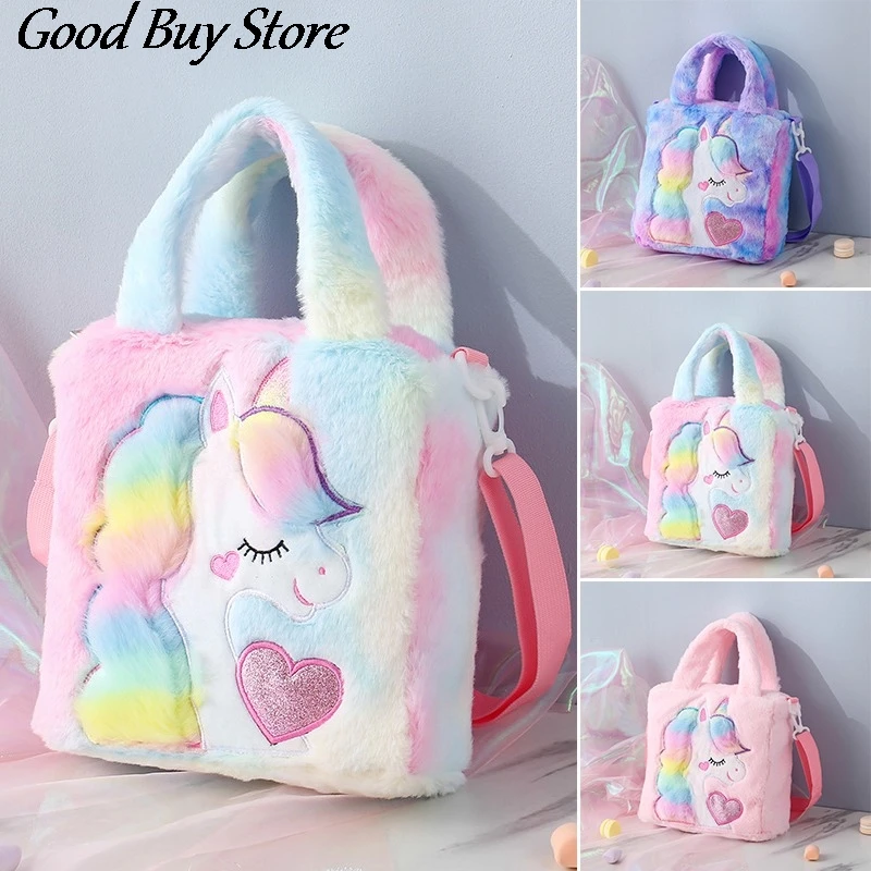 

Children Plush Handbag Unicorn Colorful Fur Shoulder Bags Winter School Purse Cartoon Animal Fashion Totes Kids Belts Pouch
