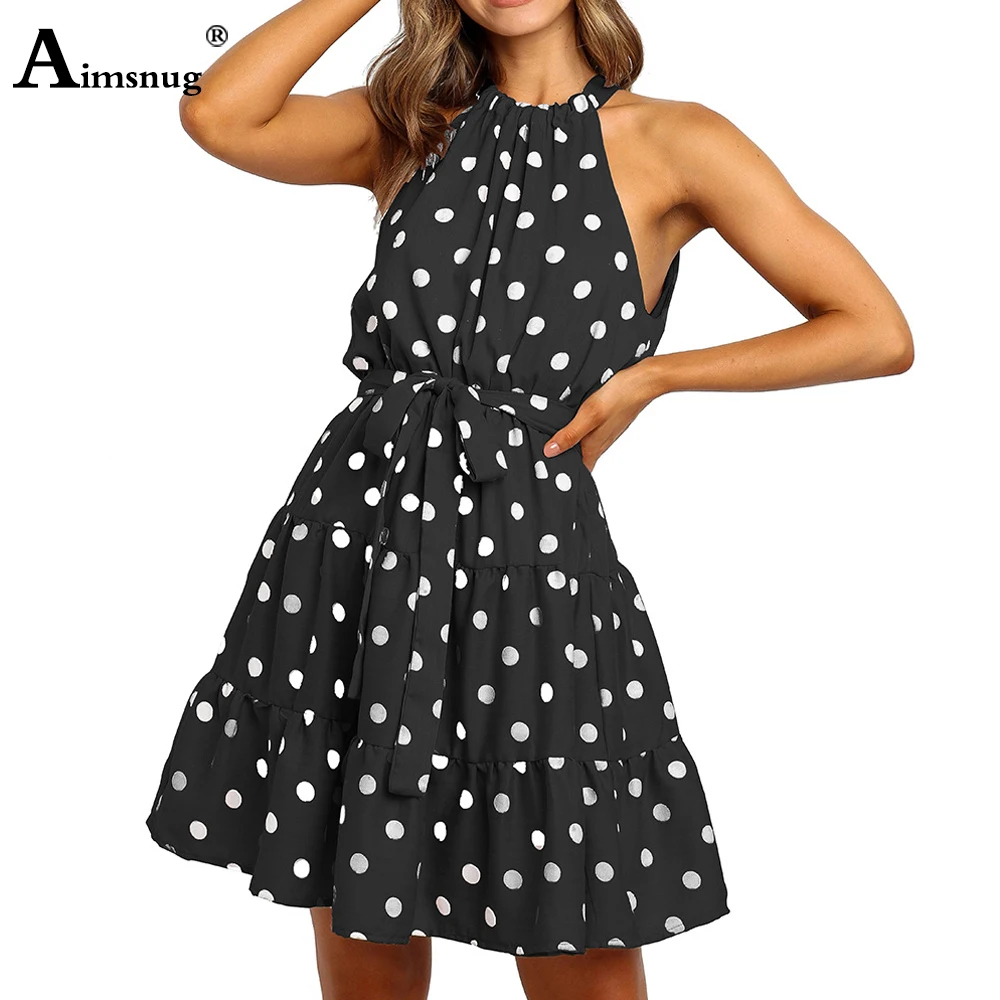 

Женское пляжное платье в горошек, повседневное короткое летнее платье с О-образным вырезом, без рукавов, с ремнем, 2020