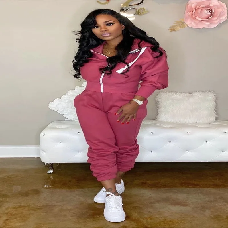 

Fall Winter New Womens Thick Two Piece Set Casual Hoodies Zipper Sweatshirt And Long SweatPants Fitness Actwear Tracksuits