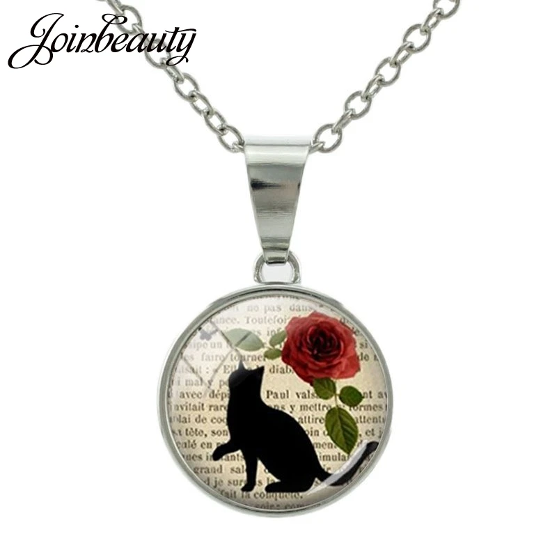 JOINBEAUTY Черный кот цветок женский кулон английский журнал ожерелья стеклянный