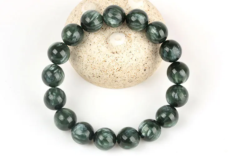 

8"AA Natural Genuine Green Seraphinite Precious Russian Stretch Finish Bracelet Round beads 8-14mm